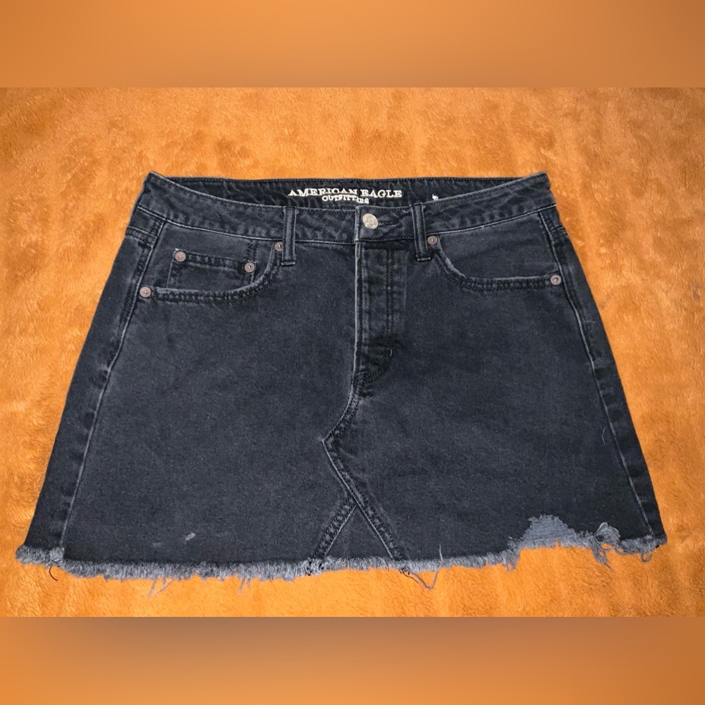 American Eagle Outfitters Button Fly Black Denim Cutoff Mini A-Line Skirt size 4